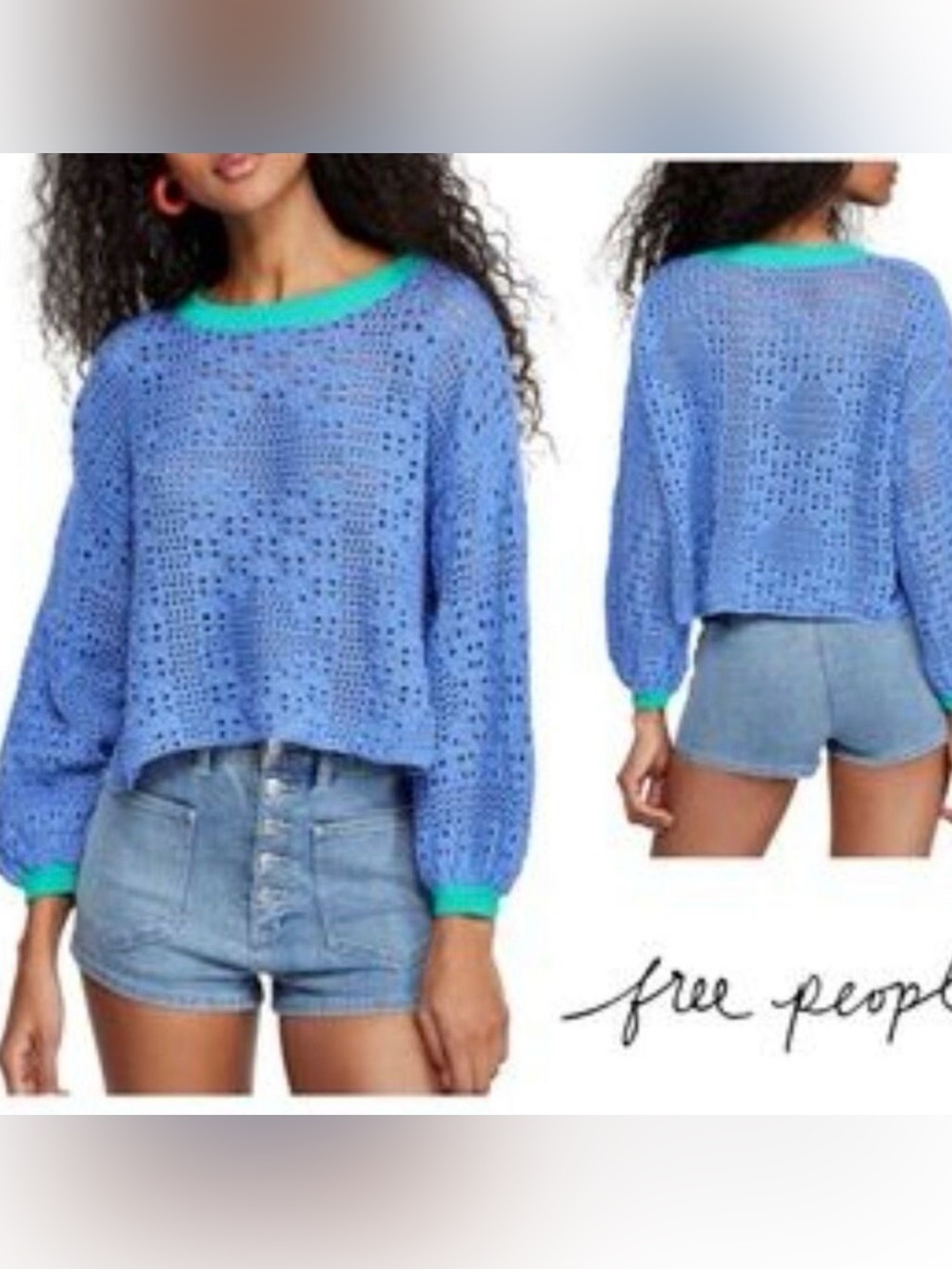 Free People Home Run Crochet Sweater Blue Green M NWT